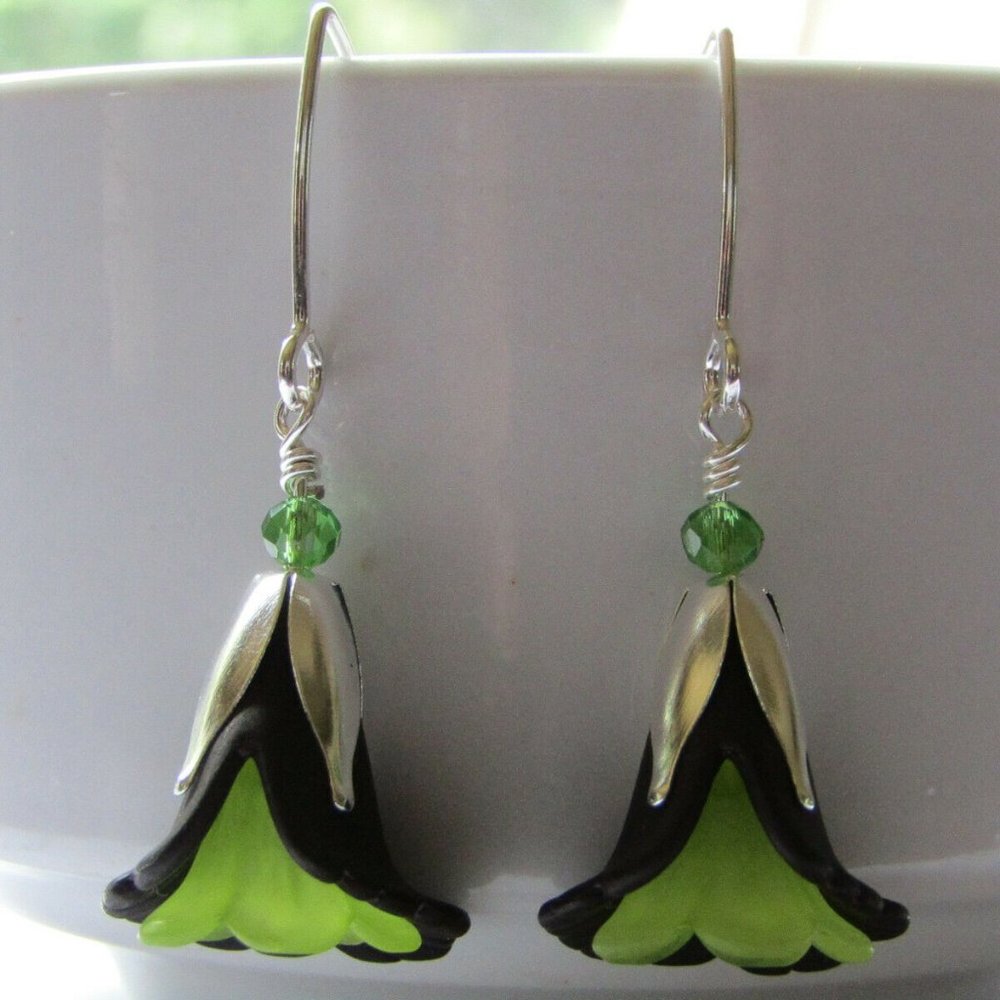 FLOWER EARRINGS Black GreenTulip Cala Lily Silver